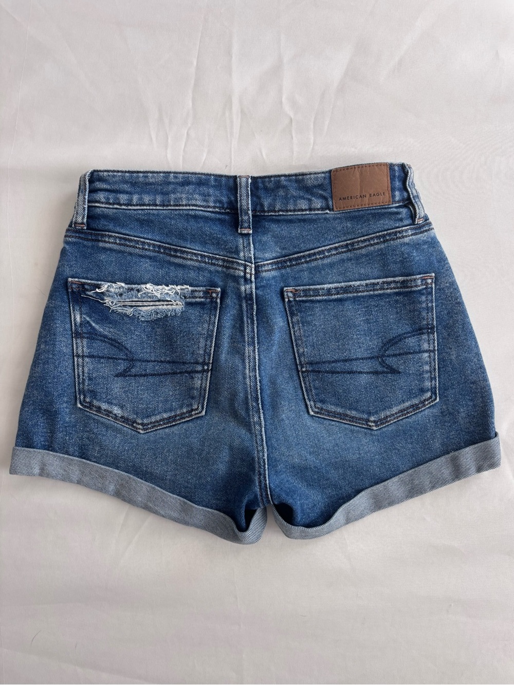 American Eagle Outfitters | Distressed Dark Blue Cuffed Denim Shorts | Size: 00 - Picture 3 of 4
